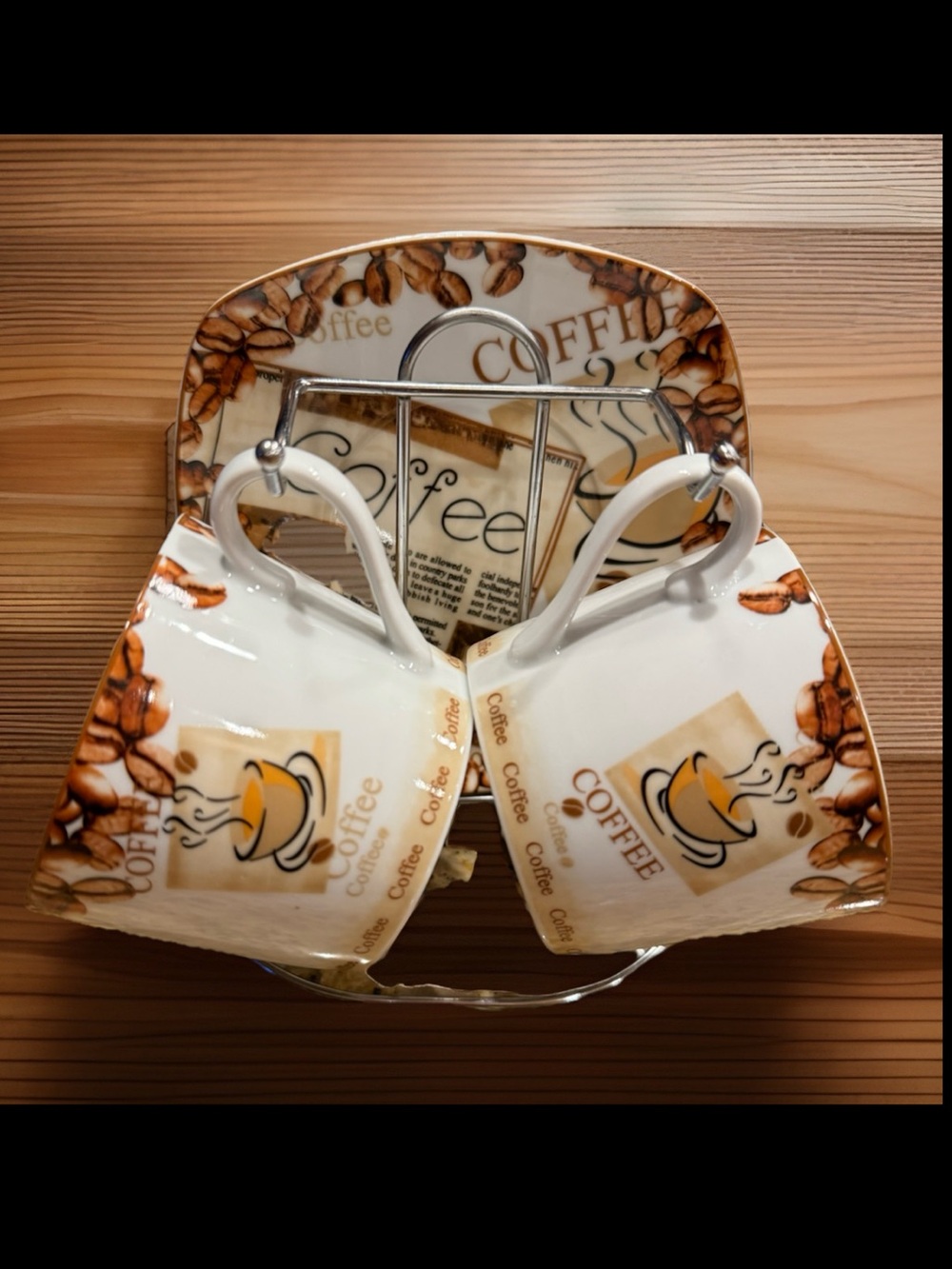 European Coffee Cup and Saucer Set with Holder - Coffee and Newspaper Design